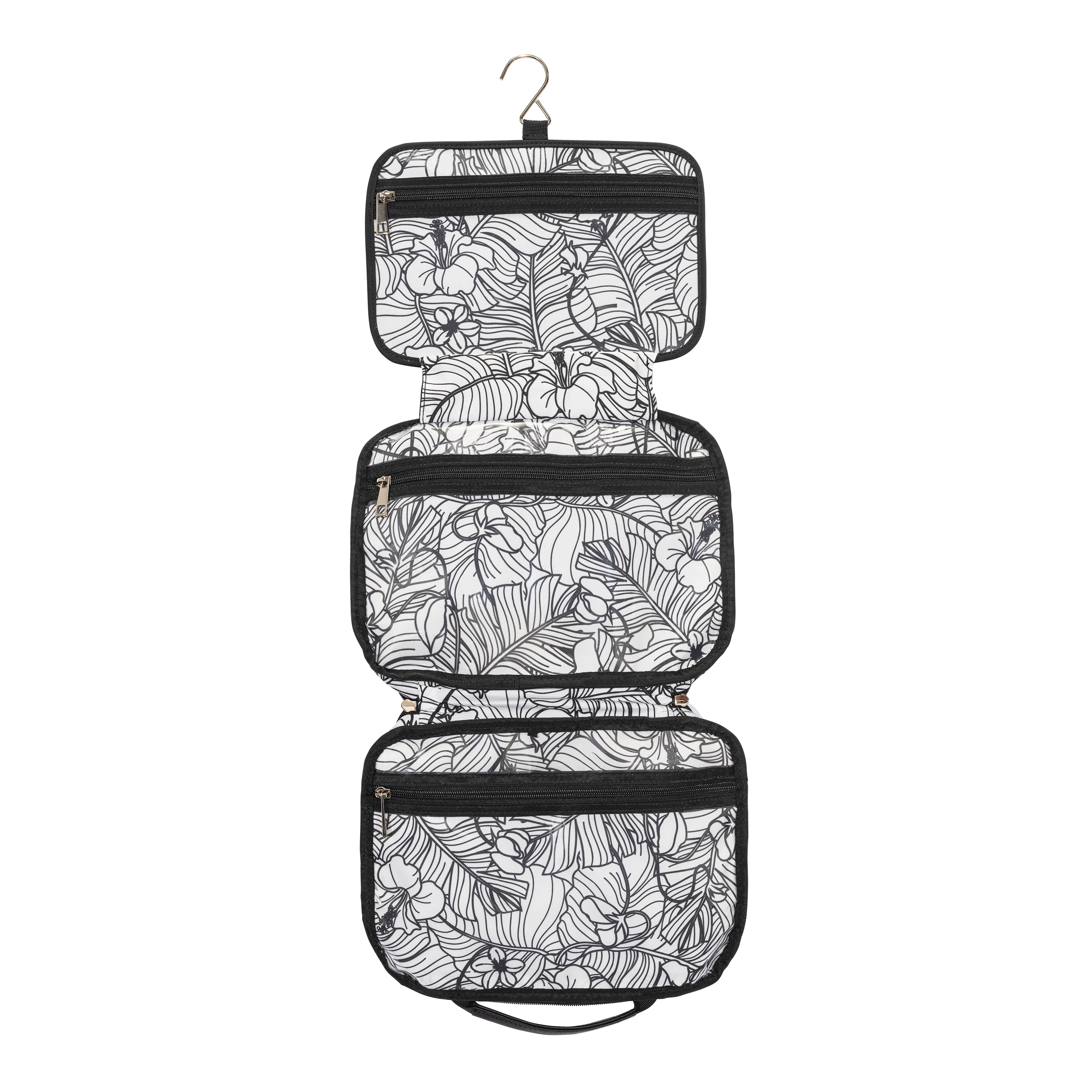 makeup hanging trifold bag black with interior print