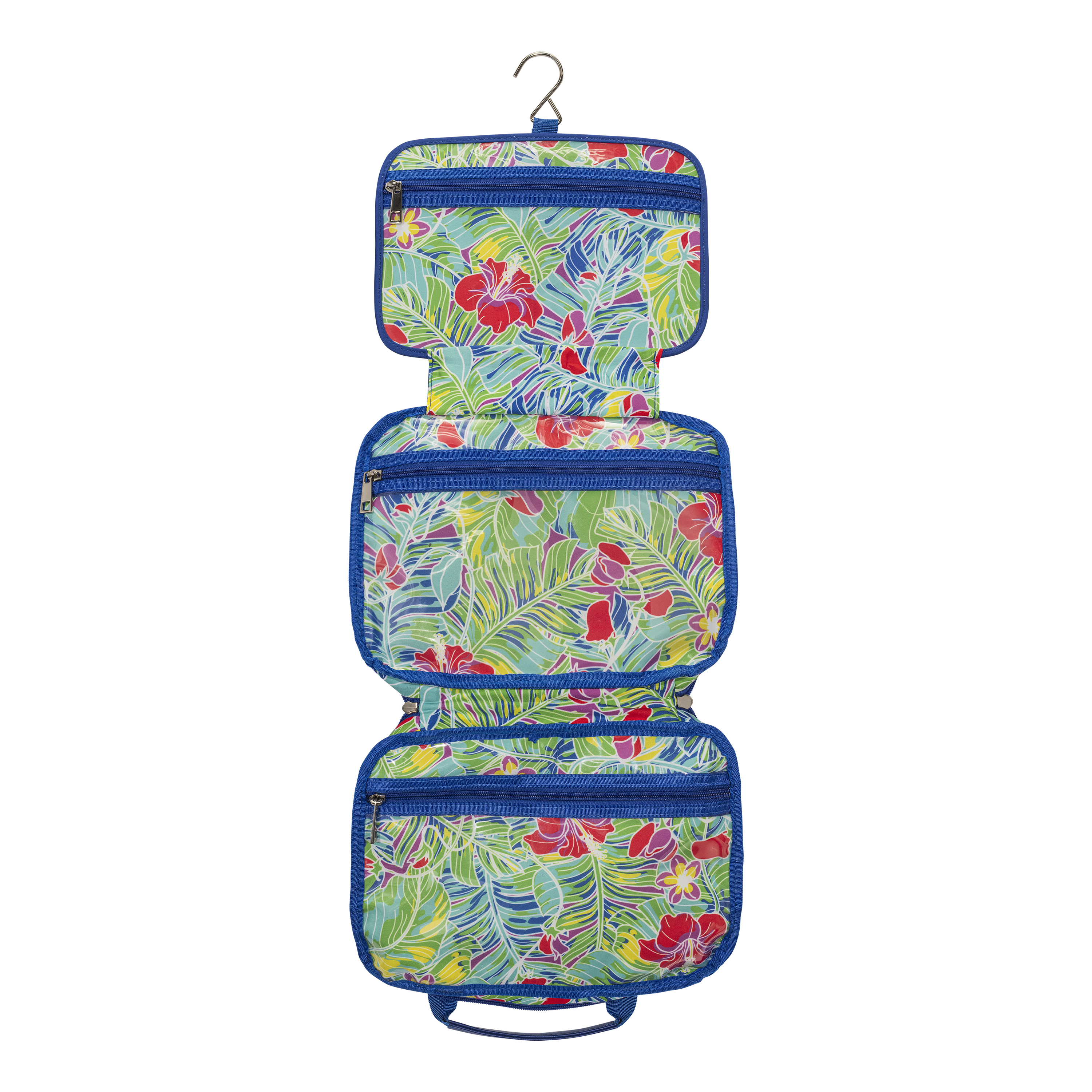 makeup hanging trifold bag royal blue with interior print