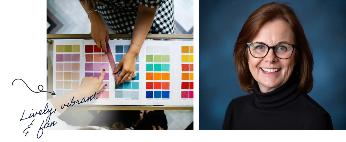 The image displays a split-screen: on the left, hands are selecting colors from a vibrant color swatch chart with multiple hues arranged in rows and columns; on the right is a portrait of a woman wearing glasses and a black turtleneck.