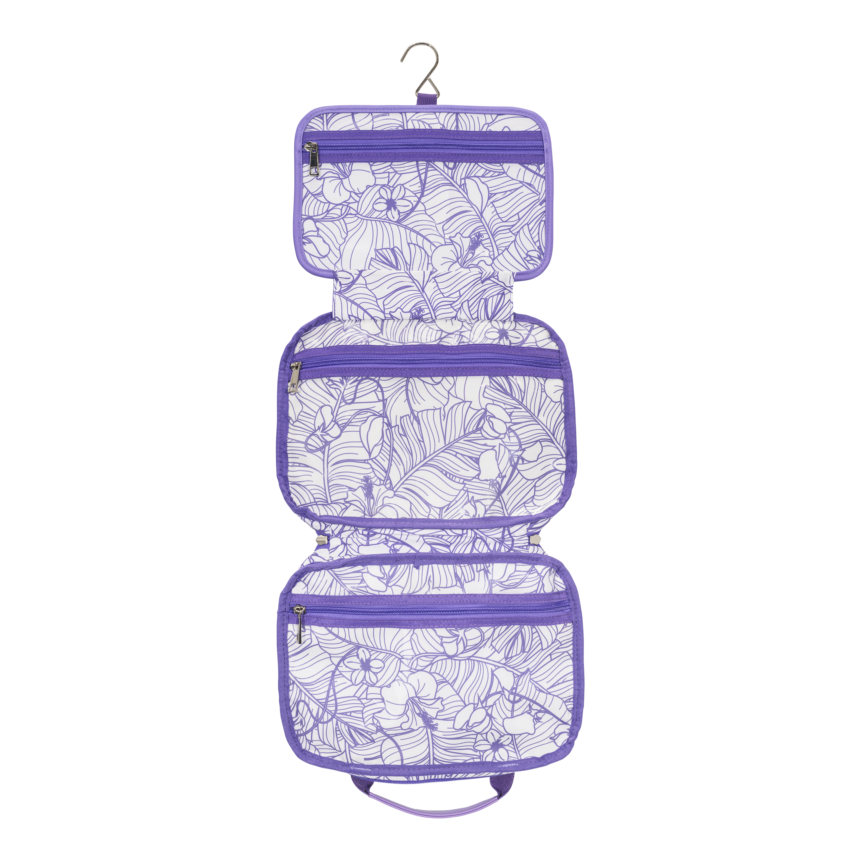 makeup hanging trifold bag lilac purple with print interior