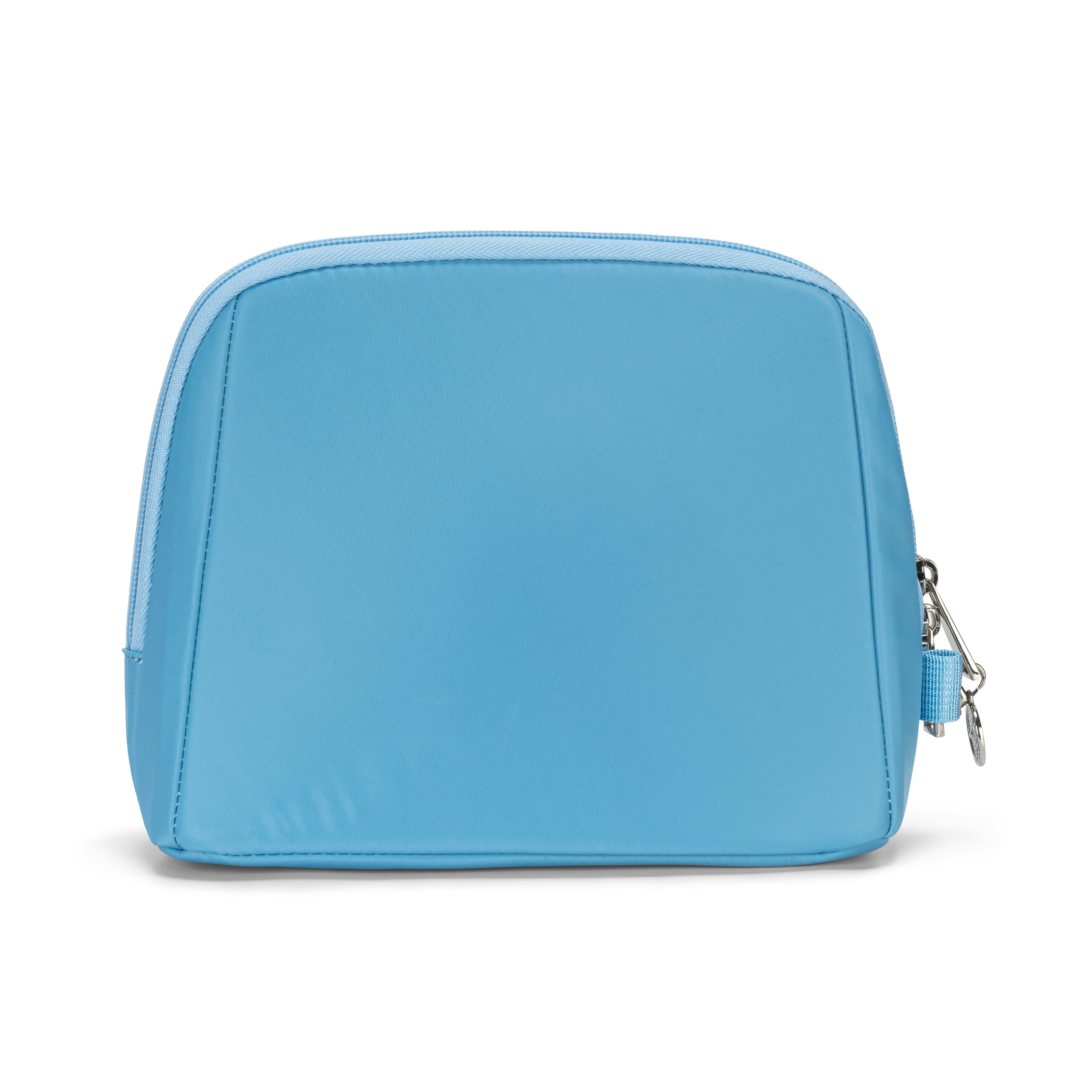 makeup pouch light blue back view with zipper