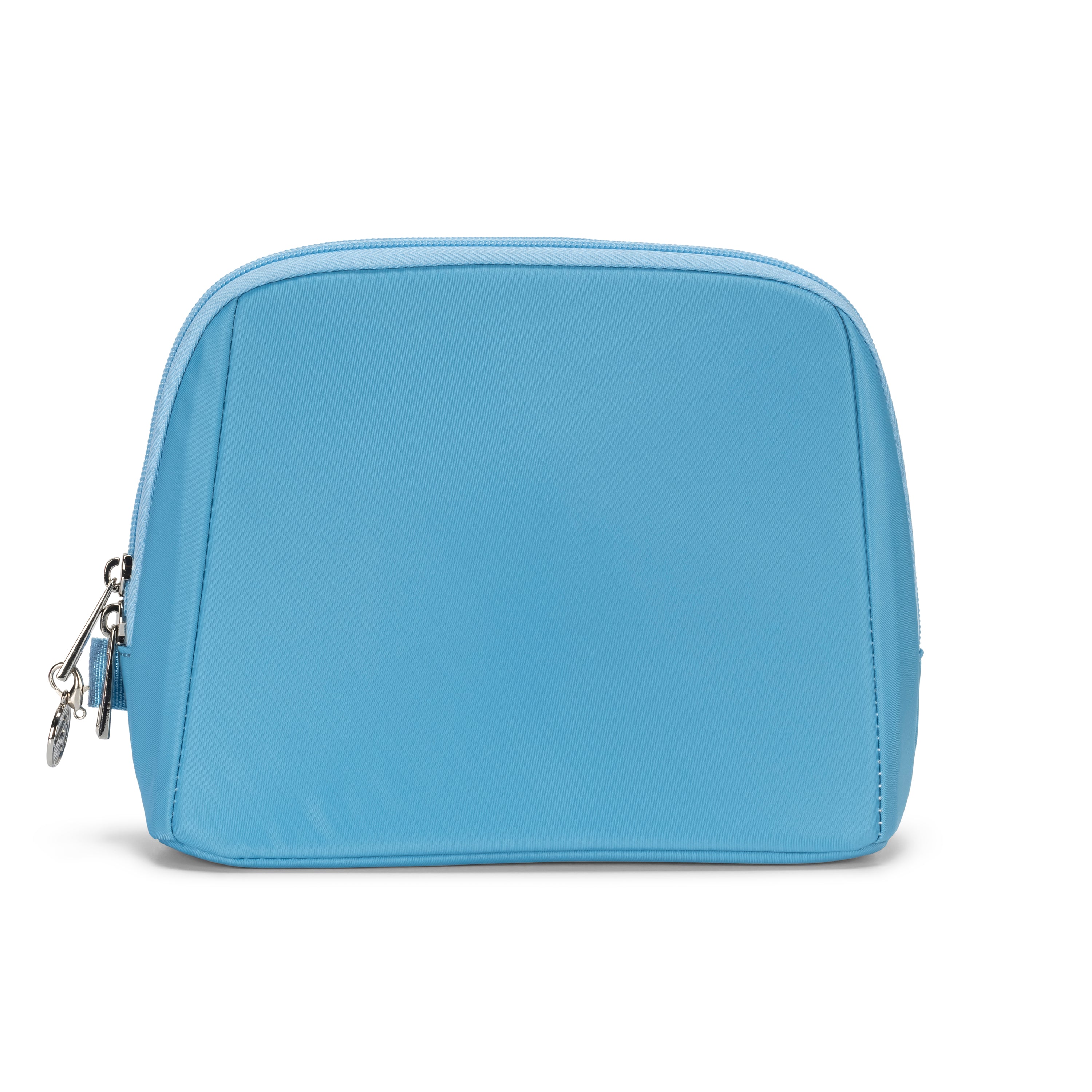 makeup pouch light blue front view with zipper
