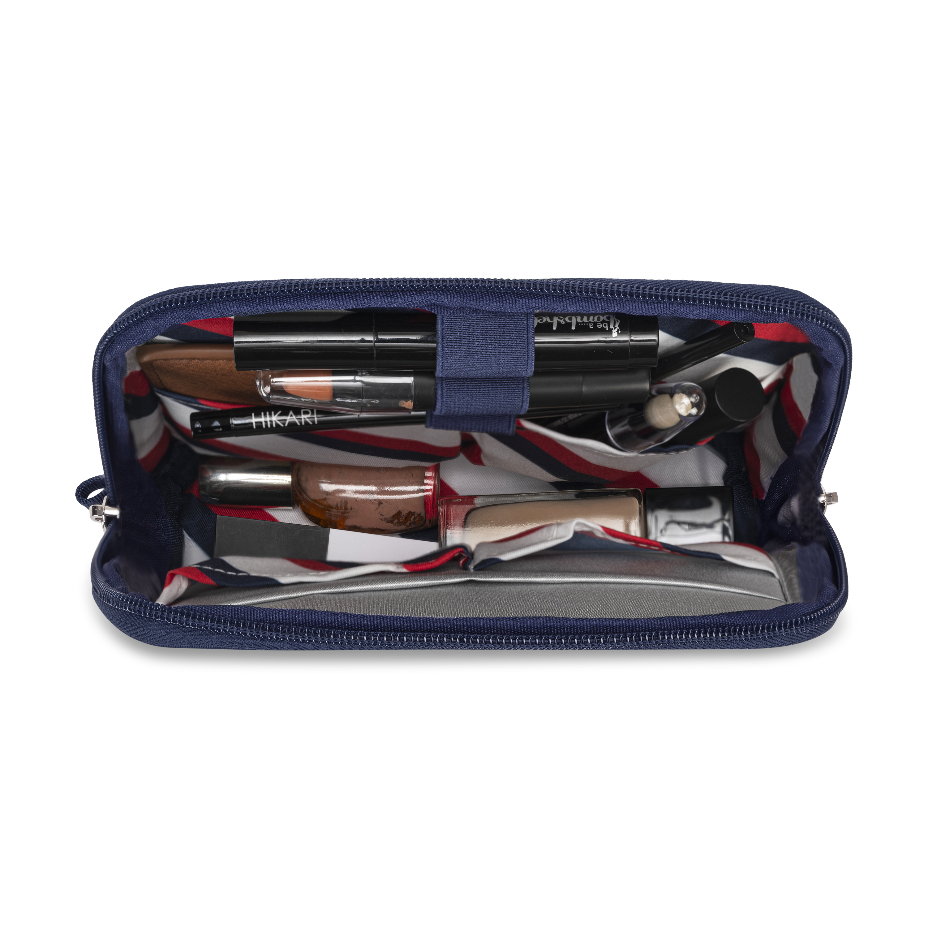 makeup pouch navy blue interior with brushes