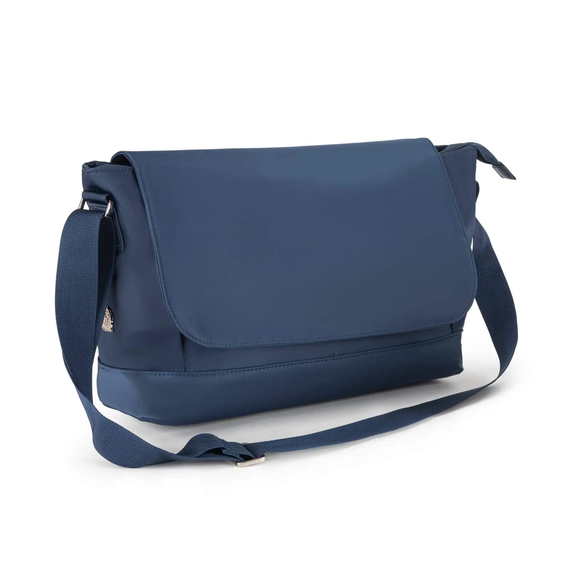 Navy blue nylon messenger bag with adjustable strap and silver-toned hardware