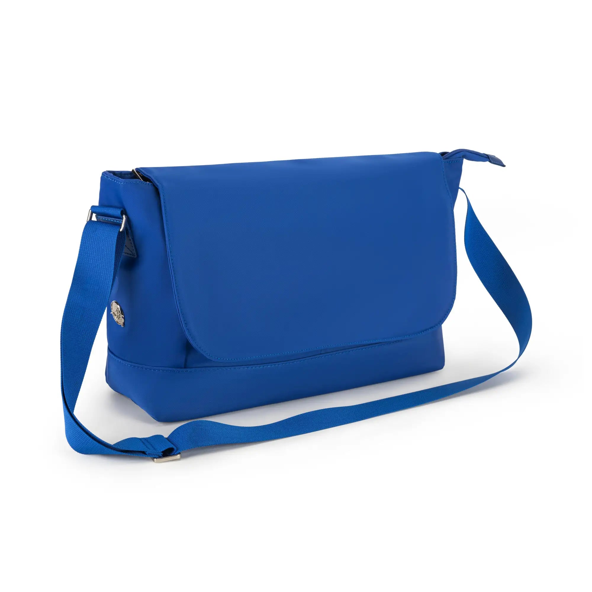 Royal blue messenger bag with a sleek, structured design and adjustable shoulder strap.