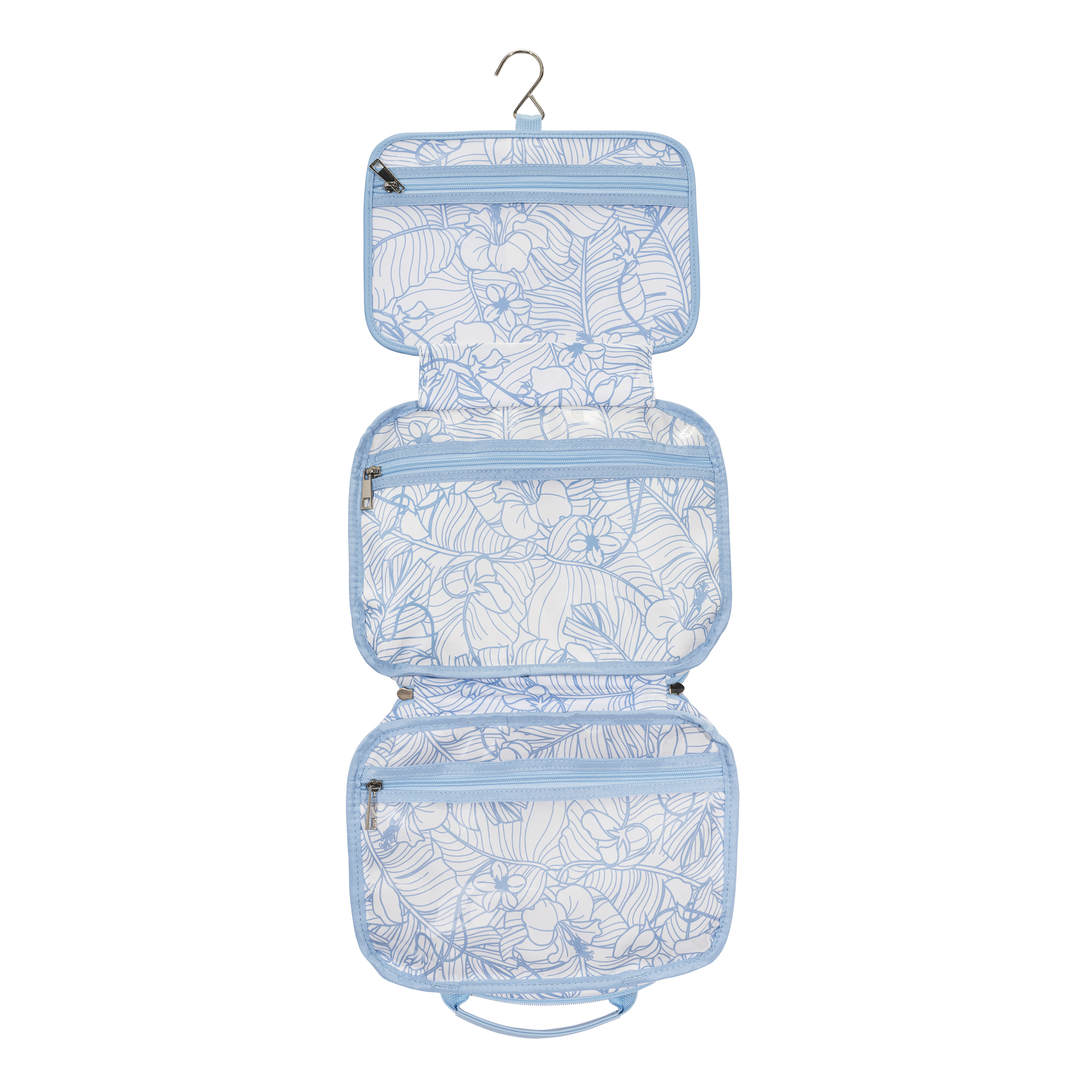 Blue hanging toiletry bag with floral pattern