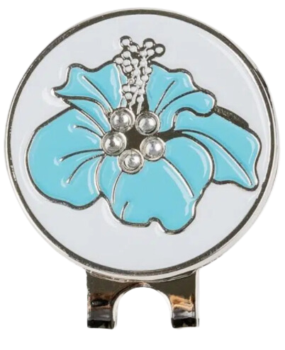Golf Ball Marker Hat Clip Tropical Hibiscus Flower Turquoise Blue