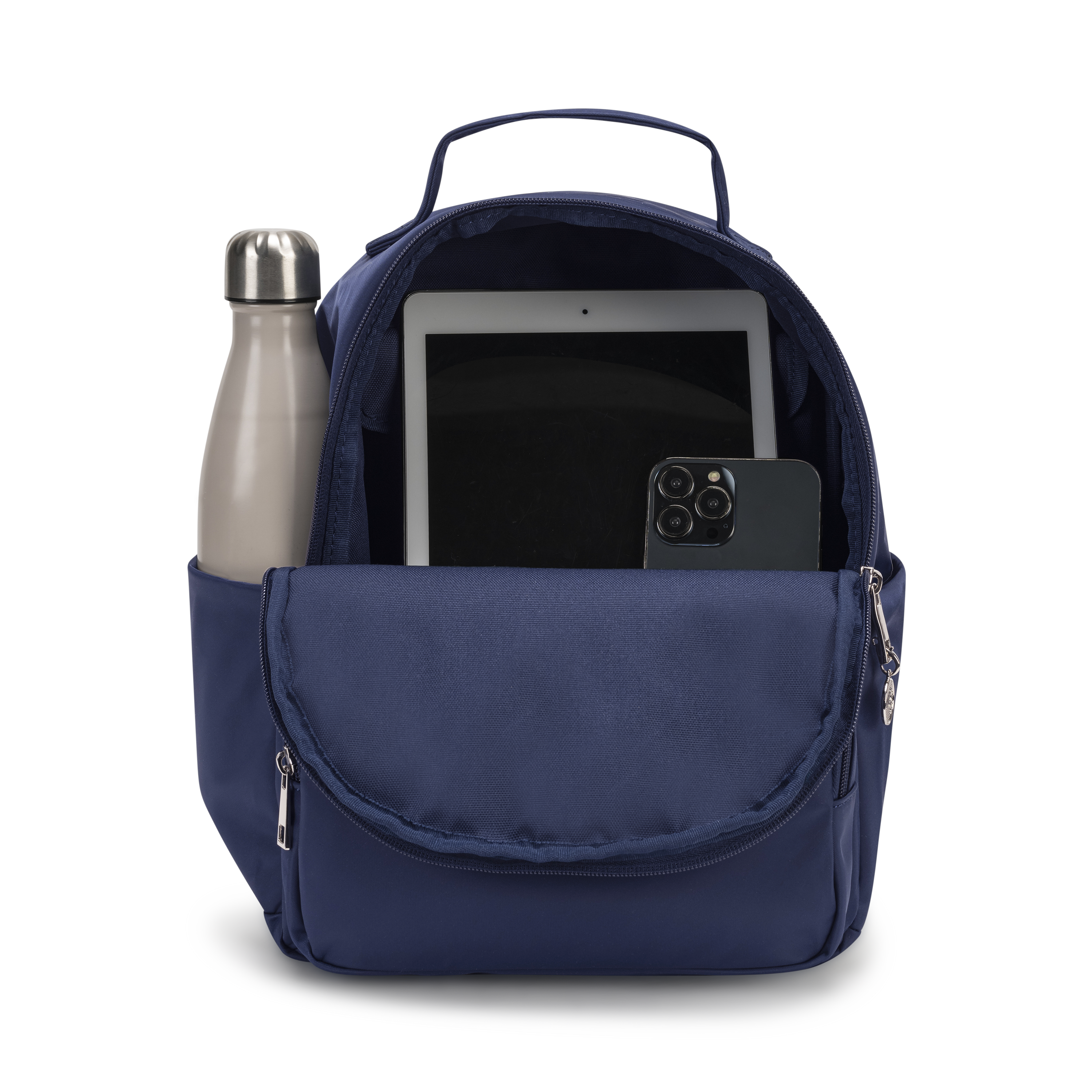 backpack navy blue back with interior view