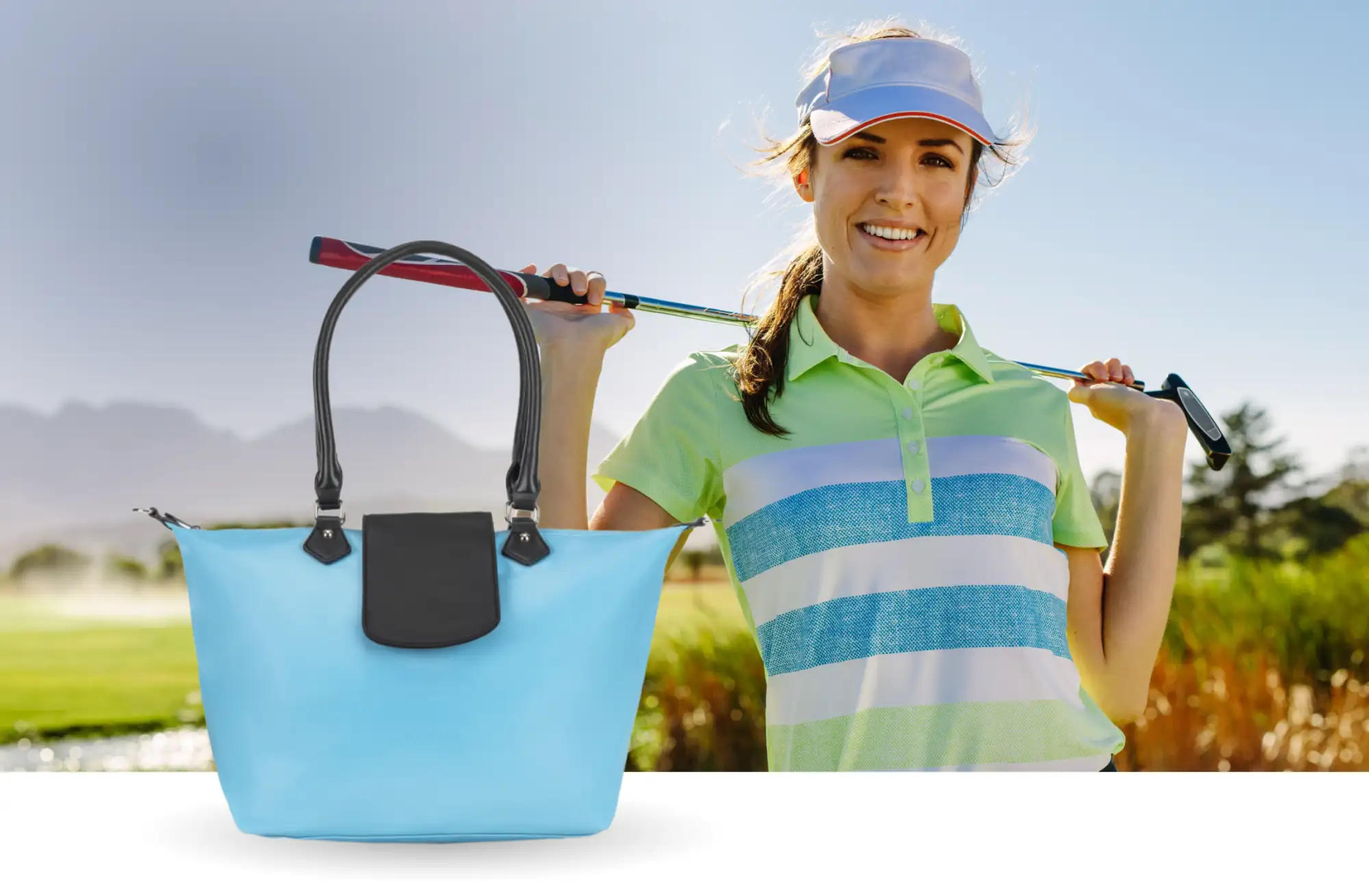Light blue foldable handbag with black leather accents and handles