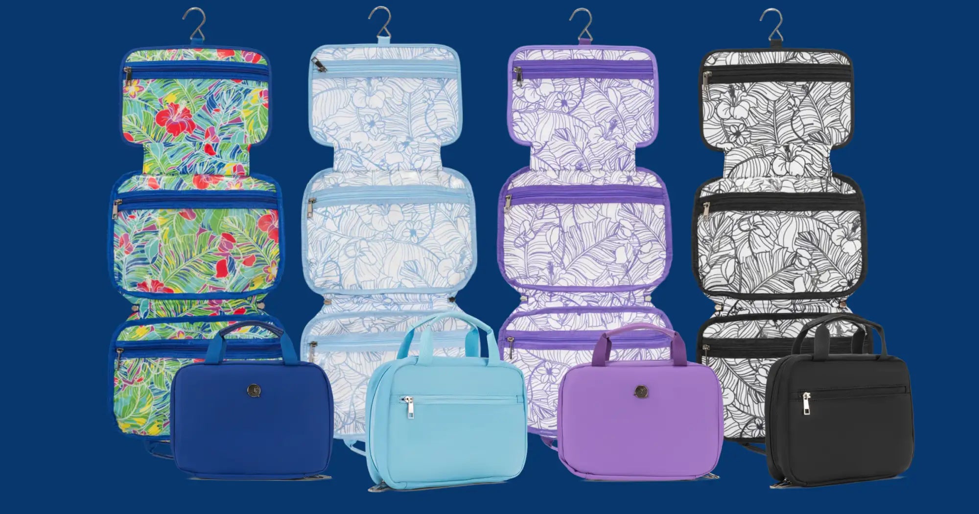 Lilly pulitzer travel organizers in vibrant tropical prints and solid colors, featuring multiple compartments and hanging hooks.