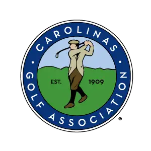 The logo features a circular emblem with the text ’carolinas golf association’ encircling an illustration of a golfer mid-swing, set against green grass and blue sky.