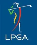 The lpga logo, featuring a stylized golfer in motion with flowing green and red accents against a solid blue background.