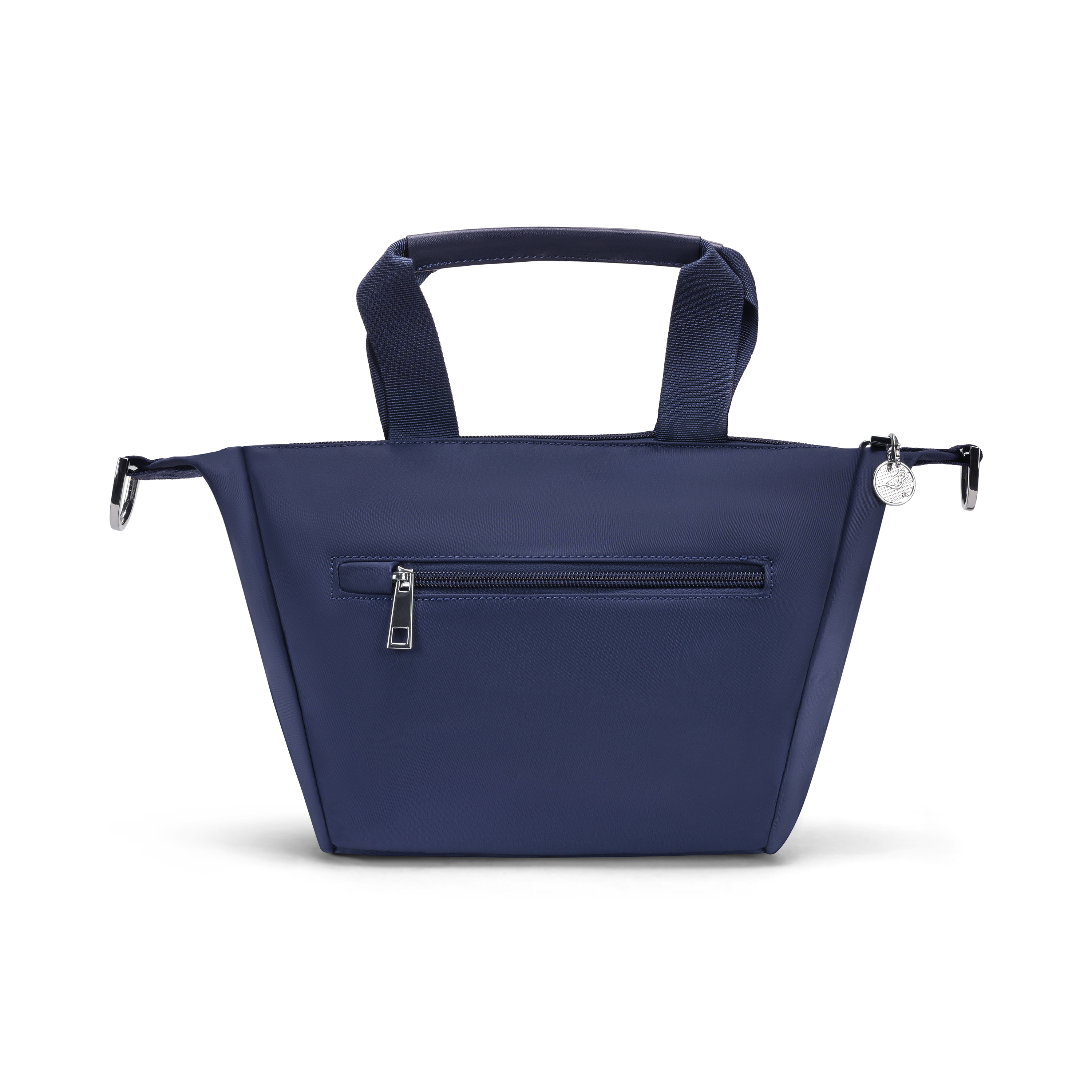 mini tote navy blue with a back zipper pocket 