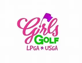 Pink and green cursive ’girls golf’ logo with a purple flag icon above the text.