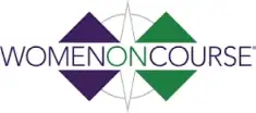 Purple and green diamond-shaped logo with the text ’women on course’ in gray.
