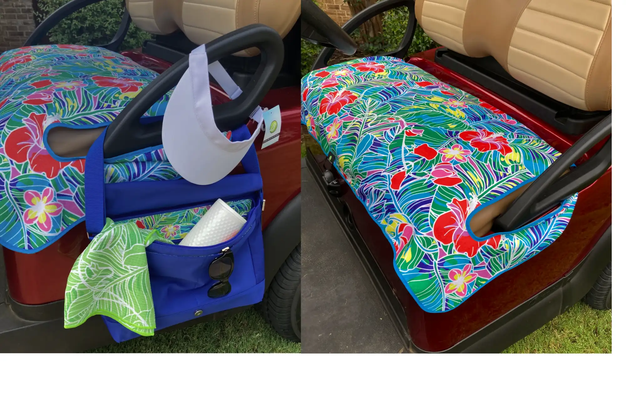 Vibrant tropical print golf cart seat cover with bold red hibiscus flowers and green leaves on a turquoise background, featuring blue trim.