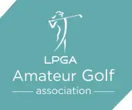 White silhouette logo of a golfer on a teal background with ’lpga amateur golf association’ text beneath.